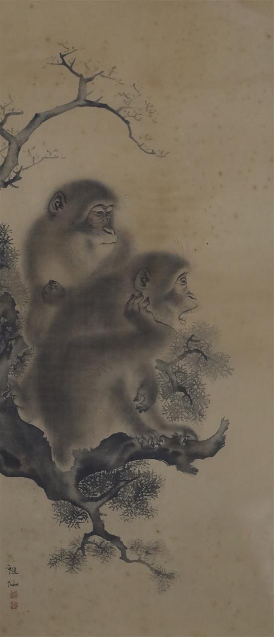 Mori Sosen (1747-1821) Two monkeys in a tree, 39.5cm x 18cm